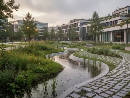 Ein urbaner Garten mit einer naturnahen Versickerungsfläche zur Regenwasserbewirtschaftung in einer modernen Stadtlandschaft. - Foto: über boerse-global.de