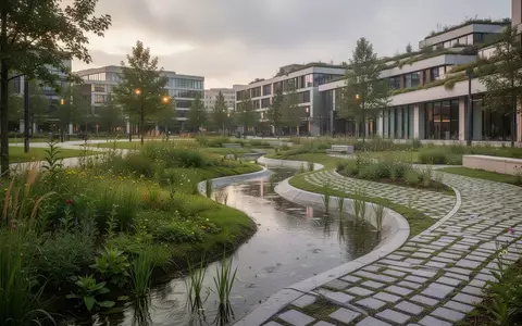 Ein urbaner Garten mit einer naturnahen Versickerungsfläche zur Regenwasserbewirtschaftung in einer modernen Stadtlandschaft. - Foto: über boerse-global.de