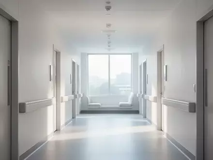 Ein heller, moderner Krankenhausflur mit groĂen Fenstern und freundlicher AtmosphĂ€re in einem KlinikgebĂ€ude. - Foto: ĂŒber boerse-global.de
