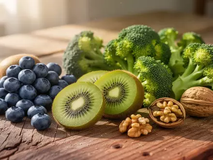 Frische Lebensmittel wie Heidelbeeren, Kiwi, Brokkoli und Walnüsse auf einem Holztisch bei natürlichem Licht. - Foto: über boerse-global.de