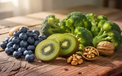 Frische Lebensmittel wie Heidelbeeren, Kiwi, Brokkoli und Walnüsse auf einem Holztisch bei natürlichem Licht. - Foto: über boerse-global.de