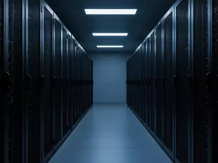 Ein minimalistischer, dunkel beleuchteter Serverraum mit metallischen Schaltschränken in einer sterilen, industriellen Umgebung. - Foto: über boerse-global.de