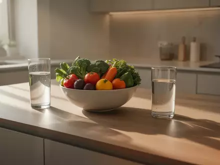 Eine helle, minimalistische Küche mit frischem Gemüse und einem Glas Wasser als Symbol für einen gesunden Lebensstil. - Foto: über boerse-global.de