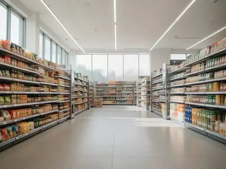 Ein moderner, heller Supermarkt mit ordentlichen Regalen und breiten Gängen ohne Personen. - Foto: über boerse-global.de