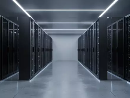 Ein moderner, minimalistischer Serverraum mit symmetrischen Server-Racks in kühler, atmosphärischer Beleuchtung. - Foto: über boerse-global.de
