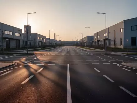 Eine leere, moderne Straßenkreuzung in einem Industriegebiet bei Dämmerung ohne Fahrzeuge. - Foto: über boerse-global.de