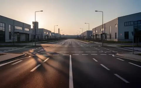 Eine leere, moderne Straßenkreuzung in einem Industriegebiet bei Dämmerung ohne Fahrzeuge. - Foto: über boerse-global.de