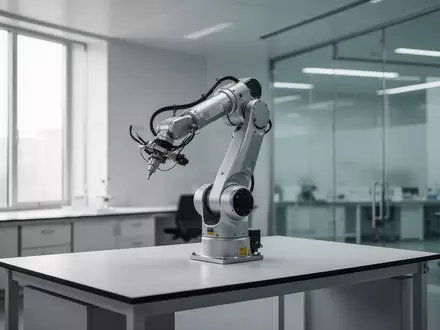 Ein industrieller Roboterarm steht auf einem leeren, minimalistischen Arbeitstisch in einem hellen, modernen Laborraum. - Foto: über boerse-global.de