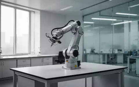 Ein industrieller Roboterarm steht auf einem leeren, minimalistischen Arbeitstisch in einem hellen, modernen Laborraum. - Foto: über boerse-global.de