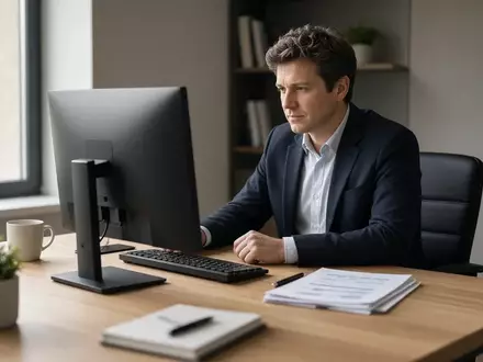 Ein Finanzanalyst sitzt nachdenklich vor einem ausgeschalteten Computerbildschirm in einem hellen Büro. - Foto: über boerse-global.de