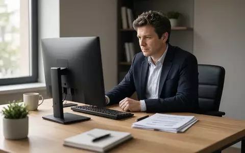 Ein Finanzanalyst sitzt nachdenklich vor einem ausgeschalteten Computerbildschirm in einem hellen Büro. - Foto: über boerse-global.de