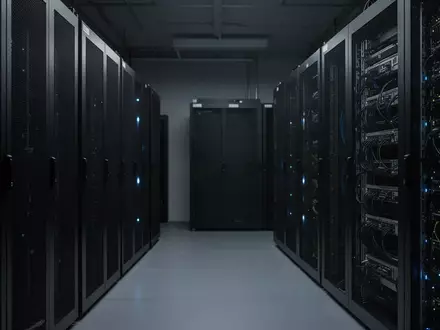 Minimalistische, dunkle Serverraum-Infrastruktur mit metallischen Kühlschränken und Hardware-Racks in einer Industrieumgebung. - Foto: über boerse-global.de