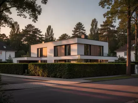 Eine moderne Luxusvilla in einer ruhigen Wohngegend bei Dämmerung, umgeben von gepflegten Hecken und Bäumen. - Foto: über boerse-global.de