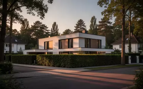 Eine moderne Luxusvilla in einer ruhigen Wohngegend bei Dämmerung, umgeben von gepflegten Hecken und Bäumen. - Foto: über boerse-global.de