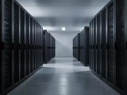 Ein minimalistischer, modern gestalteter Serverraum mit dunklen, industriellen Rack-Systemen und kühler Lichtstimmung. - Foto: über boerse-global.de