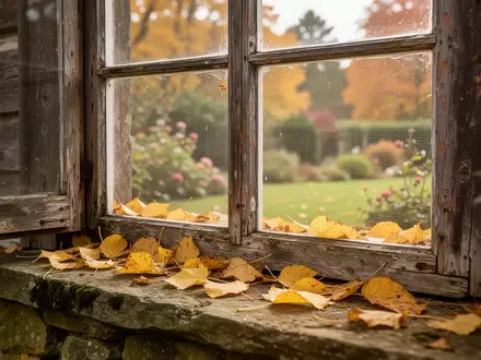 Ein hölzerner Fensterrahmen mit Insektenschutzgitter im Herbst, umgeben von herbstlichen Blättern auf einer Steinfensterbank. - Foto: über boerse-global.de