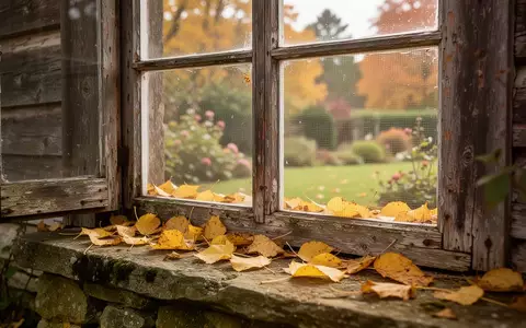 Ein hölzerner Fensterrahmen mit Insektenschutzgitter im Herbst, umgeben von herbstlichen Blättern auf einer Steinfensterbank. - Foto: über boerse-global.de