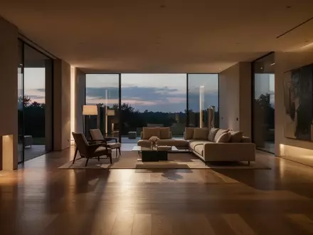 Minimalistisches, modern eingerichtetes Wohnzimmer mit sanfter Beleuchtung und Fokus auf architektonische Linien. - Foto: über boerse-global.de