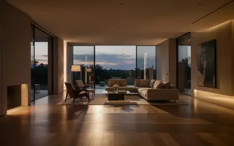 Minimalistisches, modern eingerichtetes Wohnzimmer mit sanfter Beleuchtung und Fokus auf architektonische Linien. - Foto: über boerse-global.de