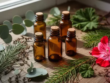 Braune Apothekerflaschen umgeben von frischen Eukalyptuszweigen, Fichtennadeln und Geranienblättern auf einer Holzoberfläche. - Foto: über boerse-global.de