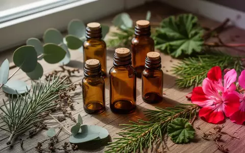 Braune Apothekerflaschen umgeben von frischen Eukalyptuszweigen, Fichtennadeln und Geranienblättern auf einer Holzoberfläche. - Foto: über boerse-global.de