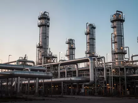 Weitläufige Industrieanlage mit Stahlrohren und Destillationstürmen bei Dämmerung. - Foto: über boerse-global.de