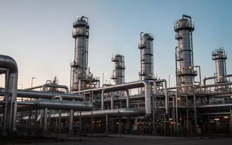 Weitläufige Industrieanlage mit Stahlrohren und Destillationstürmen bei Dämmerung. - Foto: über boerse-global.de