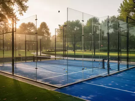 Ein moderner Padel-Court mit blauem Kunstrasen und Glaswänden in einer gepflegten Außenanlage bei Sonnenuntergang. - Foto: über boerse-global.de