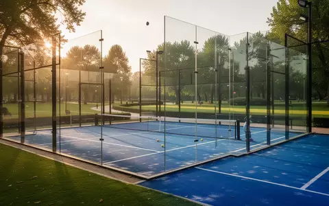 Ein moderner Padel-Court mit blauem Kunstrasen und Glaswänden in einer gepflegten Außenanlage bei Sonnenuntergang. - Foto: über boerse-global.de