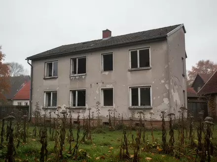 Ein verlassenes Wohngebäude in einer ländlichen Umgebung unter grauem Herbsthimmel. - Foto: über boerse-global.de
