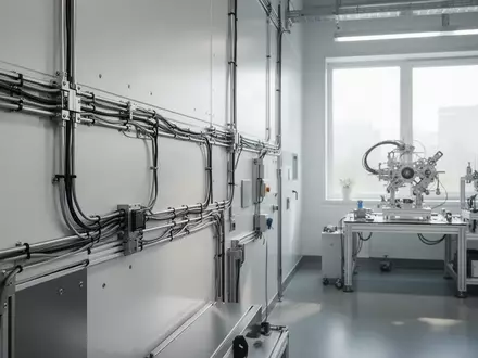 Ein minimalistisches, hochtechnologisches Industrielabor mit sauberen Metalloberflächen und komplexen Kabelsystemen in einer sterilen Arbeitsumgebung. - Foto: über boerse-global.de