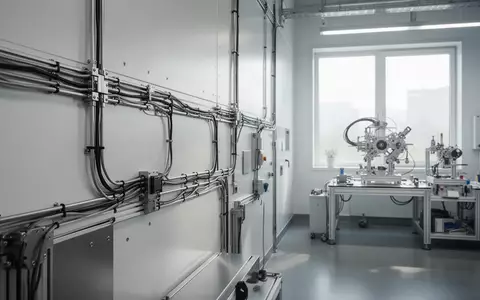 Ein minimalistisches, hochtechnologisches Industrielabor mit sauberen Metalloberflächen und komplexen Kabelsystemen in einer sterilen Arbeitsumgebung. - Foto: über boerse-global.de