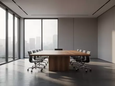 Ein minimalistischer, moderner Büroraum mit einem leeren Konferenztisch und hellem Tageslicht, das durch ein großes Fenster fällt. - Foto: über boerse-global.de