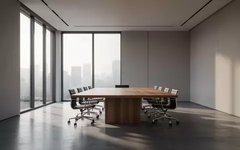 Ein minimalistischer, moderner Büroraum mit einem leeren Konferenztisch und hellem Tageslicht, das durch ein großes Fenster fällt. - Foto: über boerse-global.de