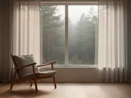 Ein minimalistischer, ruhiger Raum mit einem Stuhl am Fenster, der den Blick auf einen stillen Wald freigibt. - Foto: über boerse-global.de
