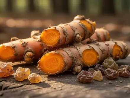 Frische Kurkuma-Wurzeln und Weihrauchharz auf einer hölzernen Unterlage in natürlichem Licht. - Foto: über boerse-global.de