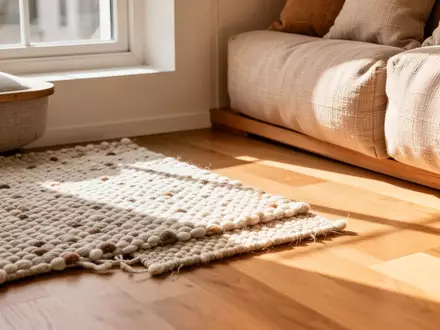Ein sonnendurchfluteter Wohnbereich mit einem strukturierten Akzentteppich auf einem Holzboden und weichen Kissen. - Foto: über boerse-global.de