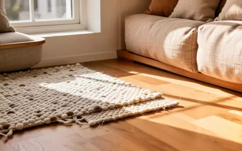 Ein sonnendurchfluteter Wohnbereich mit einem strukturierten Akzentteppich auf einem Holzboden und weichen Kissen. - Foto: über boerse-global.de