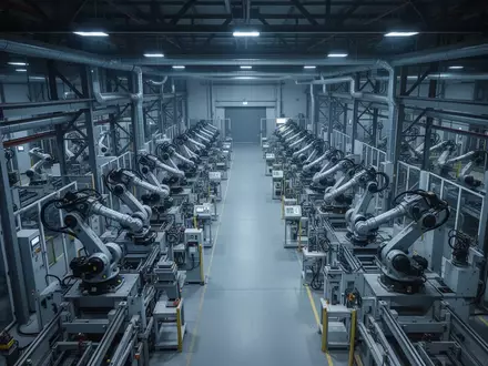 Eine weitläufige, moderne Industriehalle mit automatisierten Maschinen und Robotern in einer strukturierten, menschenleeren Umgebung. - Foto: über boerse-global.de