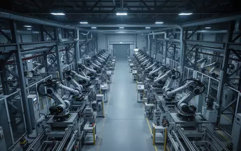 Eine weitläufige, moderne Industriehalle mit automatisierten Maschinen und Robotern in einer strukturierten, menschenleeren Umgebung. - Foto: über boerse-global.de