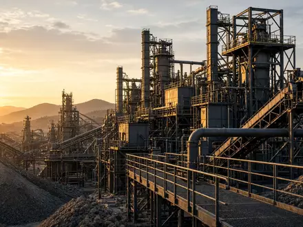 Moderne industrielle Mineralverarbeitungsanlage bei Sonnenaufgang mit goldenem Licht auf Stahlstrukturen. - Foto: über boerse-global.de