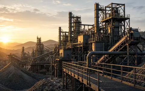 Moderne industrielle Mineralverarbeitungsanlage bei Sonnenaufgang mit goldenem Licht auf Stahlstrukturen. - Foto: über boerse-global.de