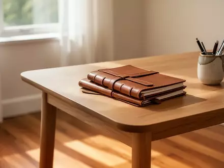 Ein minimalistisch gestalteter Schreibtisch mit Notizbüchern und einem Stiftehalter in einem sonnendurchfluteten Raum. - Foto: über boerse-global.de