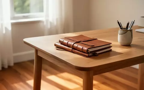 Ein minimalistisch gestalteter Schreibtisch mit Notizbüchern und einem Stiftehalter in einem sonnendurchfluteten Raum. - Foto: über boerse-global.de