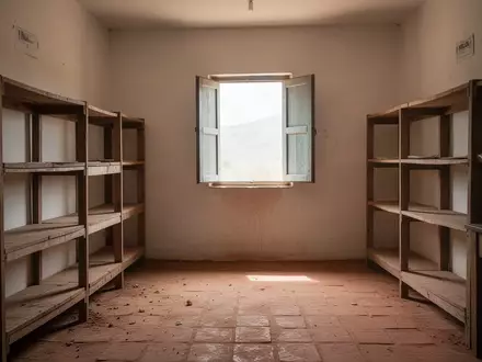Ein leerer Lagerraum in einer ländlichen Gesundheitsstation mit Sonnenlicht, das durch ein Fenster fällt. - Foto: über boerse-global.de