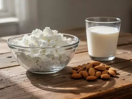 Eine Schale mit Magerquark auf einem Holztisch neben Mandeln und einem Glas Milch. - Foto: über boerse-global.de