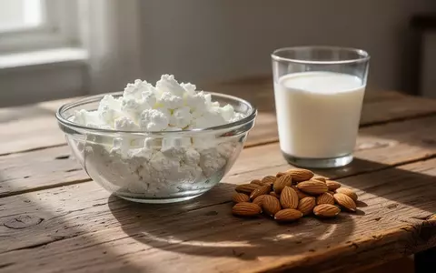 Eine Schale mit Magerquark auf einem Holztisch neben Mandeln und einem Glas Milch. - Foto: über boerse-global.de