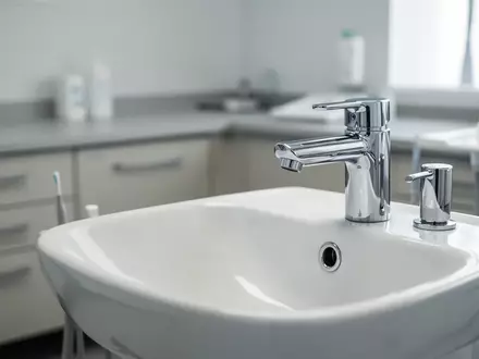 Eine leere, sterile Zahnarztpraxis mit einem weißen Keramikwaschbecken in einer hellen, professionellen Umgebung. - Foto: über boerse-global.de