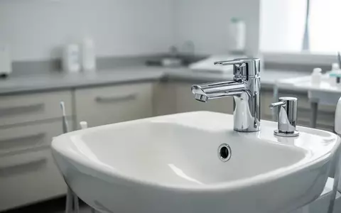 Eine leere, sterile Zahnarztpraxis mit einem weißen Keramikwaschbecken in einer hellen, professionellen Umgebung. - Foto: über boerse-global.de