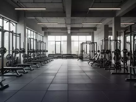 Modernes, leeres Fitnessstudio mit hochwertigen Kraftgeräten und natürlichem Lichteinfall. - Foto: über boerse-global.de